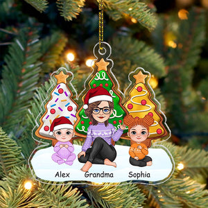 Grandma, Mom And Kids Sitting Under The Christmas Tree, Christmas Decor - Personalized Acrylic Ornament - Gift For Family