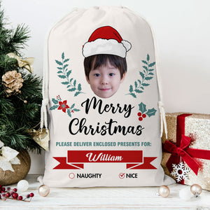 Christmas Kid Face Custom Photo And Name, Personalized String Bag, Christmas Gift