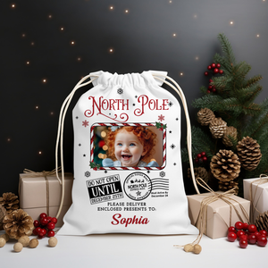 North Pole Delivery For Custom Photo And Name, Personalized String Bag, Christmas Gift