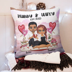 Hubby And Wifey Couple Sitting, Custom Appearance And Name - Personalized Pillow, Gift For Family