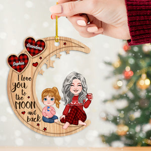 Cute Grandma & Grandkid Checkered Pattern Heart Love To The Moon - Gift For Granddaughter Grandson Personalized 2-Layered Wooden Ornament