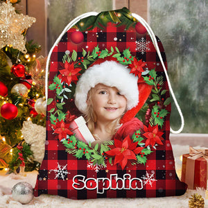 Santa Sack Plaid Pattern Face Photo- Personalized String Bag, Gift For Family, Christmas Gift