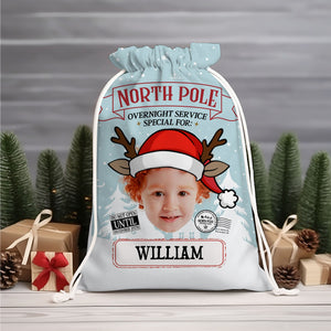 North Pole Overnight Service Custom Photo And Text, Personalized String Bag, Christmas Gift