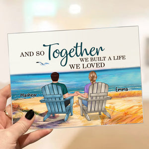 Backview Couple Sitting Beach View - Custom Appearances And Names - Personalized Acrylic Plaque - Family Gift