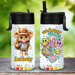 Animal Back To School - Custom Appearance, Grades And Name - Personalized Kids Water Bottle With Straw Lid