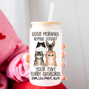 Good Moring Human  - Custom Cats And Names - Personalized Glass Bottle, Frosted Bottle, Gift For Pet Lover