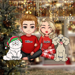 Couple Sitting With Christmas Pet, Custom Appearances And Names - Christmas Gift For Couple - Personalized Acrylic Ornament