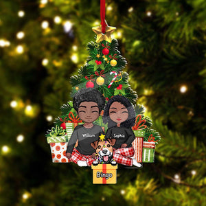 Christmas Couple Sitting With Pet, Custom Appearances And Names - Christmas Gift For Couple - Personalized Acrylic Ornament