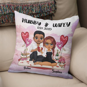 Hubby And Wifey Couple Sitting, Custom Appearance And Name - Personalized Pillow, Gift For Family