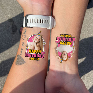 Birthday Pink Background, Custom Photo And Text Temporary Tattoo, Personalized Tattoo, Fake Tattoo