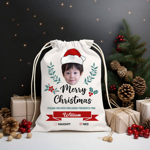 Christmas Kid Face Custom Photo And Name, Personalized String Bag, Christmas Gift