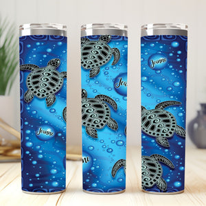 Personalized Sea Turtles Aqua Pattern Skinny Tumbler, Gift For Turtle Lover