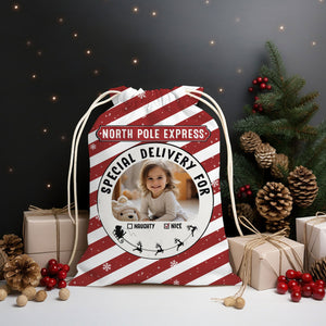 North Pole Express Special Deliver For Kid, Custom Background And Photo- Personalized String Bag, Christmas Gift, Gift For Family