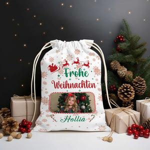 Christmas Frohe Weihnachten Custom Photo And Text, Personalized String Bag, Christmas Gift