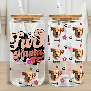 Fur Mama - Custom Photo - Personalized Glass Bottle, Frosted Bottle - Gift For Pets Lovers