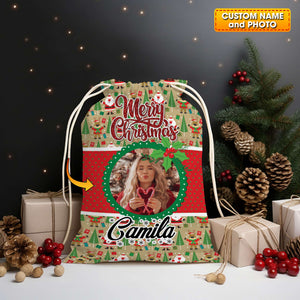 Christmas Decor For Custom Photo And Name, Personalized String Bag, Christmas Gift