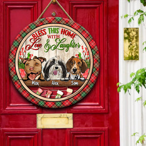 Bless This Home With Love and Laughter - Custom Pet And Name - Personalized Wooden Door Sign - Pet Lover Gift