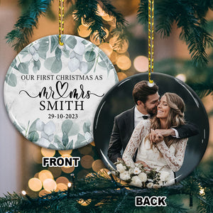 Our First Christmas As Mr & Mrs - Personalized 2 Sides Ceramic Ornament - Gift For Couple, Custom Photo Gift For Christmas