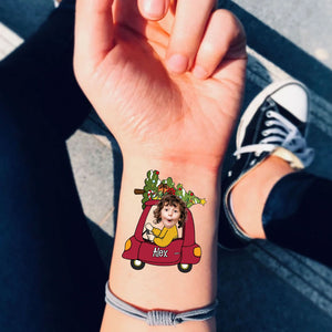 Merry Christmas Kid Riding Car, Custom Photo And Text Temporary Tattoo, Personalized Tattoo, Fake Tattoo