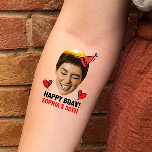 Hearts Birthday, Custom Face Photo And Texts Temporary Tattoo, Personalized Tattoo, Fake Tattoo