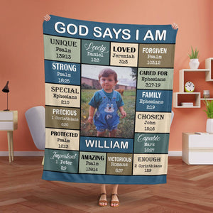 God Says I Am, Custom Photo And Name - Personalized Fleece Blanket