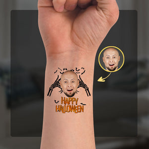 Happy Halloween, Custom Face Photo And Texts Temporary Tattoo, Personalized Tattoo, Fake Tattoo