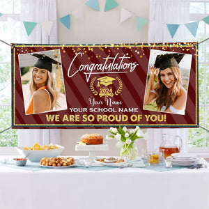 Congrats Class Of 2024- Personalized 2 Photos And Texts Graduated Banner - Decoration Gifts