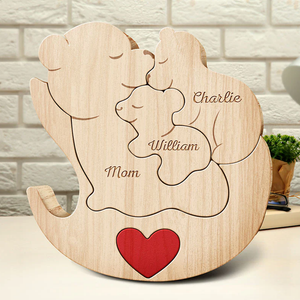 Personalized Wooden Big Bear And Kids Family Christmas - Puzzle Wooden Family - Wooden Pet Carvings