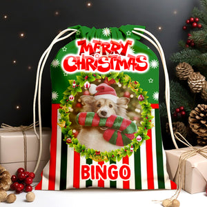 Merry Christmas - Custom Background, Photo And Name, Personalized String Bag, Gift For Pet Lover, Christmas Gift