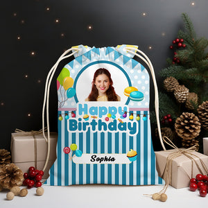 Happy Birthday White Blue Bag Personalized Christmas String Bag