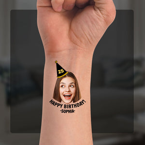 Happy Birthday Party Wearing Hat, Custom Photo And Name Temporary Tattoo, Personalized Party Tattoo, Fake Tattoo