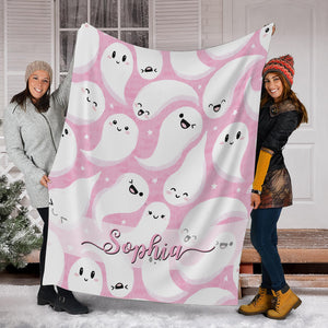 Pink Ghost  - Custom Name - Personalized Fleece Blanket, Halloween Gift