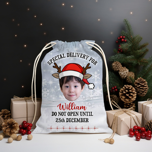 Do Not Open Until For Custom Photo And Name, Personalized String Bag, Christmas Gift