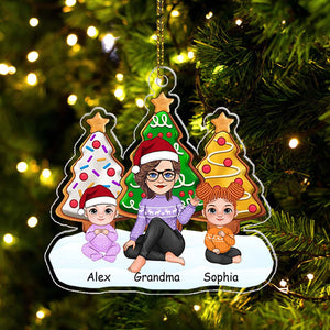 Grandma, Mom And Kids Sitting Under The Christmas Tree, Christmas Decor - Personalized Acrylic Ornament - Gift For Family