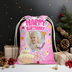 Happy Birthday Pink And Cake Bag Personalized Christmas String Bag