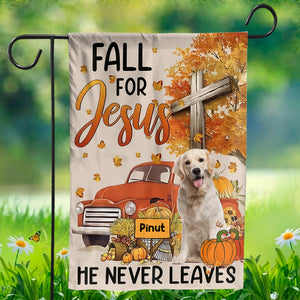 Fall For Jesus - He Never Leaves - Personalized Photo And Name Flag - Gift For Thankgivings