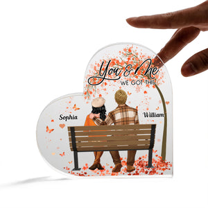 You And Me We Got This, Back View Couple Sitting - Custom Appearance  And Name - Personalized Heart Shaped Acrylic Plaque - Gift For Couple, Family