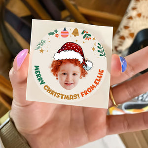 Merry Christmas Stickers - Custom Photo And Text - Personalized Circle Sticker