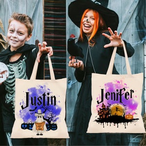 Personalized Halloween Tote Bag - Customized Pumpkin Witch Black Cat Castle Skeleton Ghost Canvas Tote Bag for Trick or Treat Goodie gift Bags