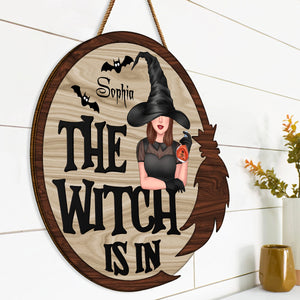 The Witch Is In - Custom Appearance And Name - Personalized Wooden Door Sign - Halloween Gift