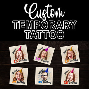 Happy Birthday Party Wearing Hat, Custom Face Photo And Name Temporary Tattoo, Personalized Party Tattoo, Fake Tattoo