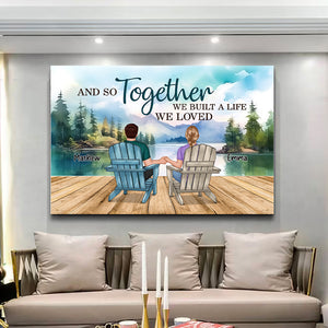 Backview Couple Sitting By The Lake - Personalized Appearances And Texts Canvas - Family Decor, Couple Gift