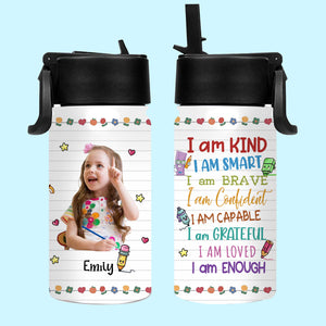 Custom 'I Am' Water Bottle for Kids, Custom Photo And Name - Personalized Kids Water Bottle With Straw Lid