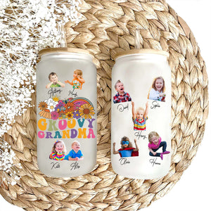 Groovy Grandma  - Custom Photo And Name - Personalized Glass Bottle, Frosted Bottle - Family Gift