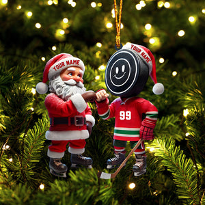 Santa And The Hockey Player Christmas Ornament, Personalized Ornament