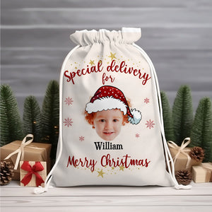 Christmas Special Delivery Custom Photo And Name, Personalized String Bag, Christmas Gift