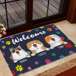 Welcome Cat House Color Paws  - Custom Cats And Names - Personalized Doormat - Pet Lover Gift