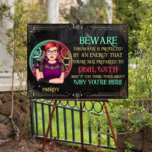 Beware This House Is Protected By An Energy - Personalized Lawn Sign, Yard Sign, Halloween Gift