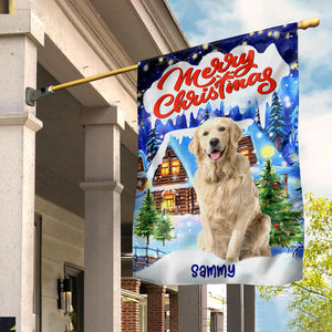 Merry Christmas Pet And Snow House - Custom Pet Photo And Name Flag - Christmas Gift, Gift For Pet Lovers