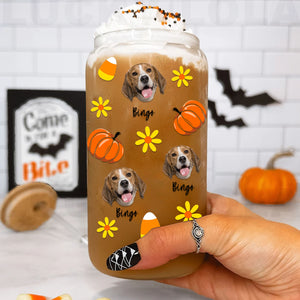 Halloween With Dog - Custom Photo And Name - Personalized Glass Bottle, Frosted Bottle, Gift For Dog Lovers, Halloween Gift